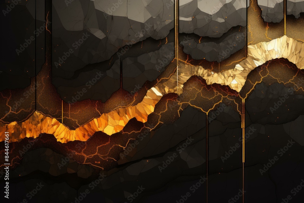 Poster close-up view of a layered abstract texture with dark surfaces and glowing golden fissures