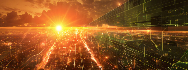 A wide shot of the city skyline at sunset, with glowing green and yellow data streams crisscrossing above it like beams from an advanced technology grid network.