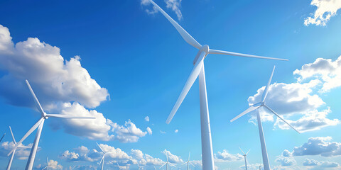Blue sky with white clouds and wind turbines, green energy concept, panoramic view, high resolution photography, in the style of a professional with color grading, soft shadows.