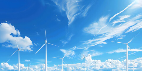 A blue sky with white clouds and wind turbines, representing green energy in the background. The windmills can be seen against the backdrop of the clear blue sky.