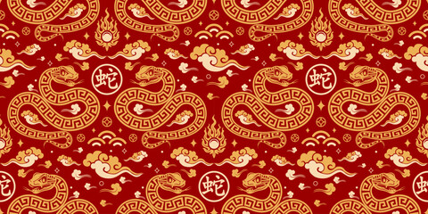 Seamless pattern happy chinese new year 2025 the snake zodiac sign with asian elements paper cut style on color background. ( Translation : happy new year 2024 year of the snake )
