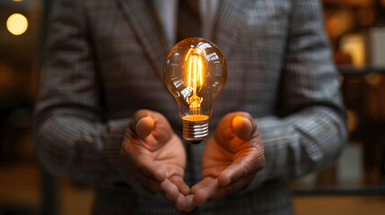 A hand holding an illuminated light bulb against the background of glowing lights, symbolizing creativity and innovation in business.
