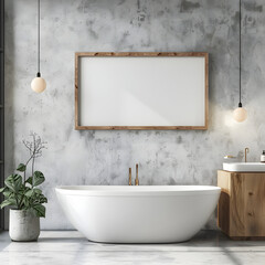 A mockup of an empty poster frame in a modern bathroom with concrete walls, wooden accents and a large bathtub, hanging lights and potted plants, 3D rendering.