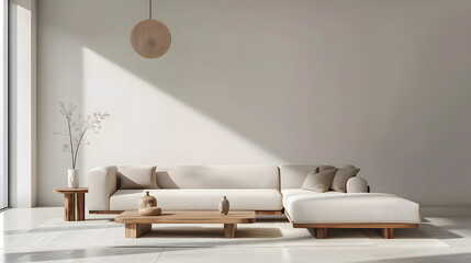 Modern minimalist living room with a sofa and coffee table, white wall background, natural light from the window, neutral color scheme, wooden furniture, soft fabric cushions.