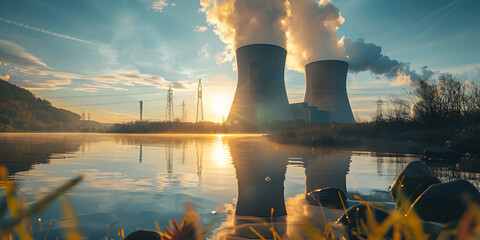 A beautiful landscape of a nuclear power plant with two tall water cooling towers and an energy cable running along the river bank.
