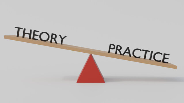 3d rendering of practice and theory in balance; a scale and words practice and theory