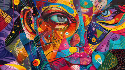 Fototapeta premium A colorful image of a face with a wealth of details in the form of lines and dots. This abstract art form may seem like a portrait from another reality.