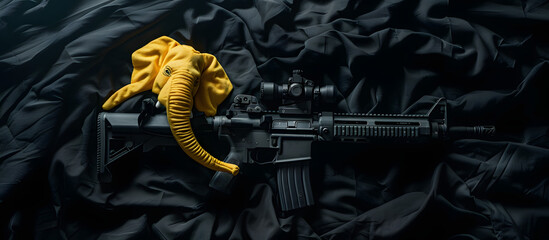 Black background, black fabric, a yellow elephant shirt hanging on the right of a M4A5 rifle, wide angle lens, high resolution photography.