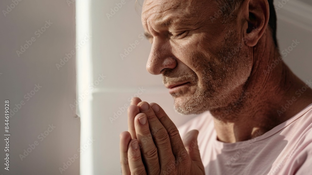 Wall mural A man with a beard closed eyes and hands clasped together in a prayerful pose.