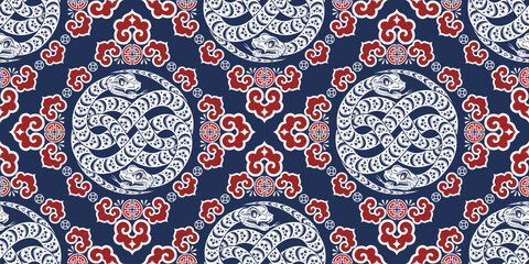 Seamless pattern happy chinese new year 2025 the snake zodiac sign with asian elements paper cut style on color background. ( Translation : happy new year 2024 year of the snake )
