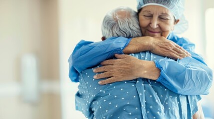 An elderly couple dressed in blue hospital gowns embrace each other with affection and tears possibly saying goodbye or sharing a moment of love and support in a medical setting.