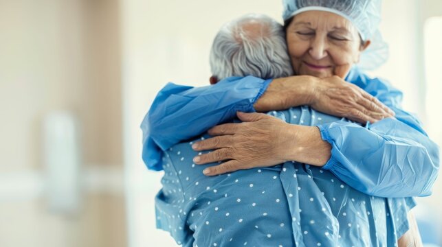 An elderly couple dressed in blue hospital gowns embrace each other with affection and tears possibly saying goodbye or sharing a moment of love and support in a medical setting.