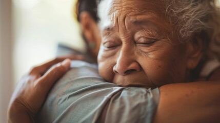 Elderly woman with closed eyes resting head on shoulder of younger person embracing in warm affectionate gesture.