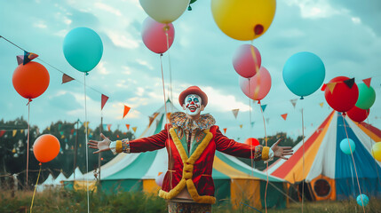 Circus performer clown magician showman in retro costume miracle time, colorful balloons and festive tent