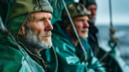 Fototapeta premium Three men in rain gear with weathered faces on a boat looking out at the ocean possibly during a storm or rough seas.