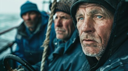 Obraz premium Three men on a boat wearing life jackets with a concerned expression looking into the distance possibly at rough seas or an approaching storm.
