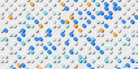 Grid of blue and orange dots on white background, abstract business or data concept, flat lay top view from above