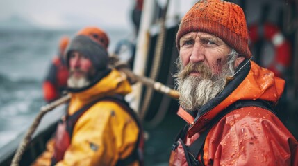 Two bearded men in orange rain gear on a boat looking into the distance.