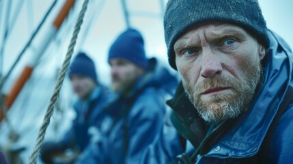 A man with a beard and mustache wearing a blue beanie looking intently to the side with a serious expression on a boat with other crew members in the background.