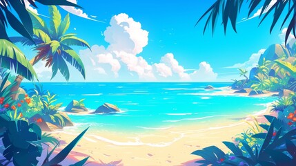 Tropical Beach Landscape with Palm Trees and Clear Blue Water