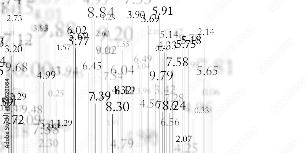 Poster black random numbers with lines on white background with selective focus fade out with copy space, m