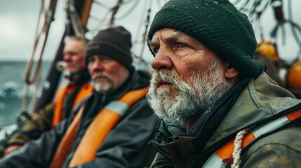 Three men on a boat wearing life jackets with one man looking off to the side all dressed in cold weather gear suggesting they are on a fishing trip or a similar outdoor adventure.
