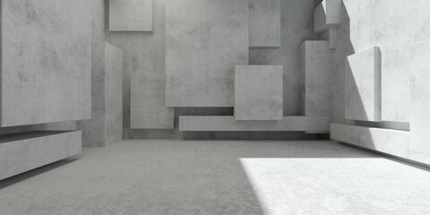 Abstract empty, modern concrete room with random offset walls, open ceiling and rough floor - industrial interior background template