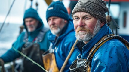 Fototapeta premium Three weathered fishermen in blue jackets and hats standing on a boat looking out at the sea.