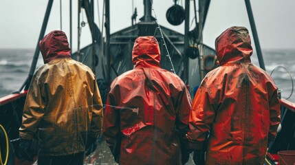 Three fishermen in red and gold rain gear standing on a boat in the rain.