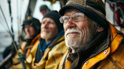 Obraz premium Old man with white beard and glasses wearing a hat looking out over the water on a boat surrounded by other people.