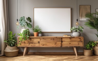 Neutral colored credenza with blank vertical poster on the wall