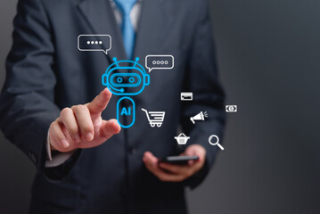 Businessperson interacting with AI chatbot interface. Represents AI technology in business communication and automation. Great for tech innovation, marketing, and ecommerce content.
