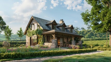 Building a cozy countryside cottage with rustic charm and modern amenities, nestled in a picturesque landscape