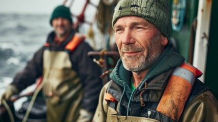 Obraz premium Two weathered fishermen one wearing a vibrant orange life vest the other a green beanie stand on a boat facing the camera with a calm demeanor against the backdrop of a vast choppy ocean.