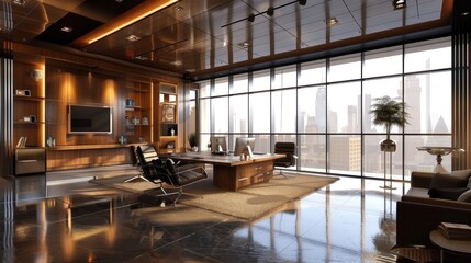 Modern and luxurious office interior, This office has a large wooden table with black chairs, shelves with various decorative items