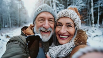 Wonderful sincere cheerful couple of gray haired mature smiling people taking selfie portrait on phone. Today's active retir