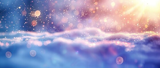 Winter snow background with snowdrifts, with beautiful light and snow flakes on the blue sky, beautiful bokeh circles