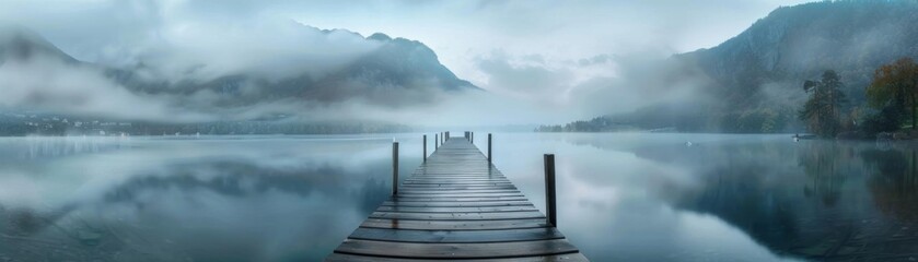Naklejka premium The image is of a dock jutting out into a lake on a foggy day