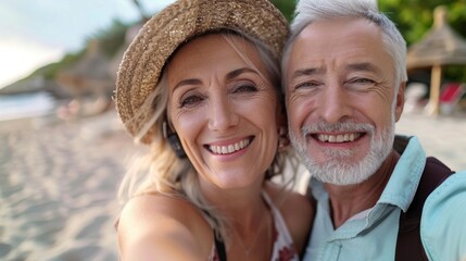 Wonderful sincere cheerful couple of gray haired mature smiling people taking selfie portrait on phone. Today's active retir