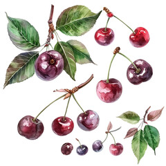 Red cherry set isolated on transparent background, watercolor painting style old botanical illustration