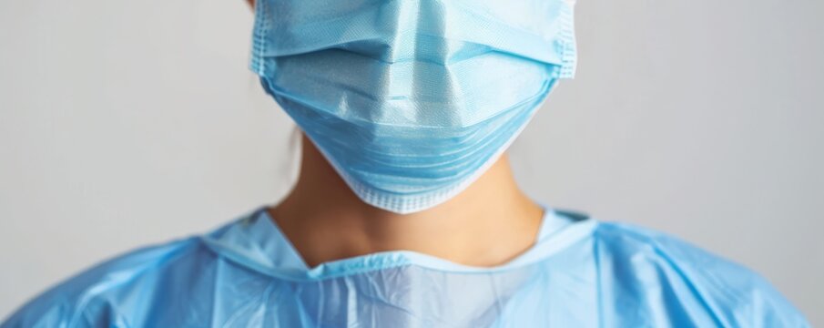Closeup of a person wearing a surgical mask and gown.
