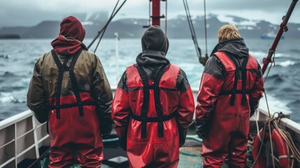 Three individuals clad in red and black waterproof suits stand on a boat gazing out at the choppy waters with a backdrop of a cloudy sky and distant mountains.