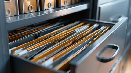 Close-up of an open metal filing drawer with folders organized inside, office efficiency theme