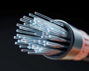 Close-up of fiber optic cable with glowing strands, representing high-speed internet and digital connectivity.