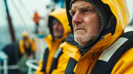 Elderly man with gray beard and mustache wearing yellow rain jacket and black hat looking to the side with a serious expression standing on a boat. - Powered by Adobe