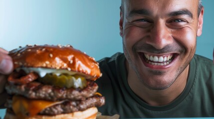 Man with a big smile holding a large appetizing burger with multiple layers of meat cheese and vegetables.