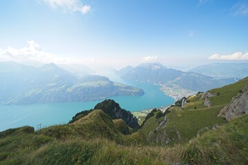 View from the "fronalpstock", a 1921 m above sea level high mountain in the Schwyzer Alps in the canton of Schwyz in Switzerland to the lake lucerne.