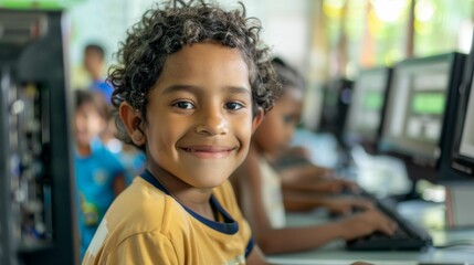 Young child with curly hair smiling at camera surrounded by other children using computers in a classroom setting.