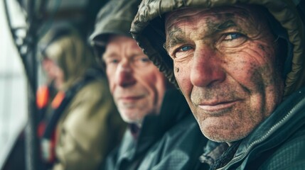 Fototapeta premium Three men on a boat dressed in green jackets looking out into the distance possibly at the horizon or another boat with a focus on the man in the foreground who has a beard and a concerned expression.