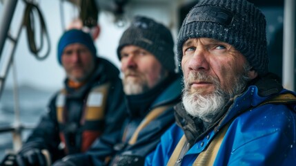 Fototapeta premium Three elderly men with gray beards and hats wearing life jackets sitting on a boat looking out at the water with a backdrop of a gray sky and a blurred horizon.
